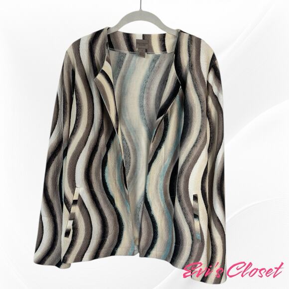 Chico's Easywear  Open Front Cardigan Wavy Print Polyester Stretch 1  M/8 - Picture 1 of 11